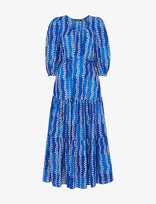 WHISTLES: Leaf-print puffed-sleeve organic-cotton midi dress