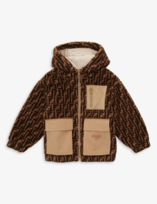 Fendi Kids' Logo-intarsia Patch-pocket Teddy-woven Coat 8-14 Years In Zucca