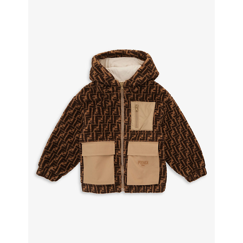 Fendi Kids' Logo-intarsia Patch-pocket Teddy-woven Coat 8-14 Years In Zucca