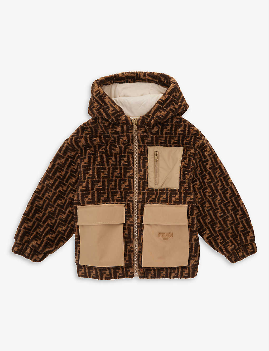 FENDI Logo-intarsia patch-pocket teddy-woven coat 8-14 years
