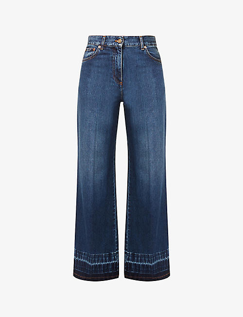 VALENTINO: Brand-patch faded-wash wide-leg mid-rise jeans