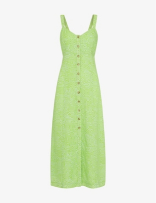 Whistles Checkerboard-print Button-front Linen-blend Midi Dress In Lime