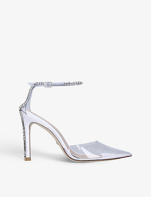 STUART WEITZMAN: Glam 100 Strap crystal-embellished PVC heeled courts