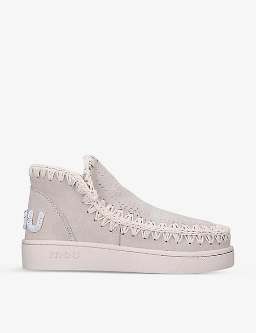 MOU: Monochrome logo-patch suede high-top trainers