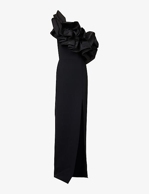 GRETA CONSTANTINE: Ruffle-overlay asymmetric slim-fit stretch-woven gown