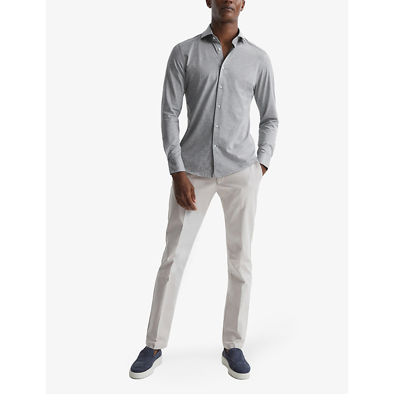 Shop Reiss Men's Grey Melange Nate Slim-fit Long-sleeved Cotton-blend Shirt