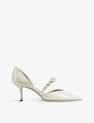 Jimmy Choo Aurelie 65 Pearl-embellished Patent-leather Courts In Latte/white