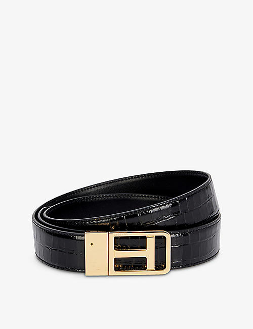TOM FORD: Classic T logo crocodile-pattern leather belt