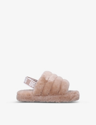 Ugg Kids' Fluff Yeah Logo-strap Sheepskin Sandals 6-10 Years In Brown