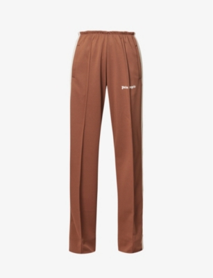 Brand-print straight-leg mid-rise cotton-blend trousers