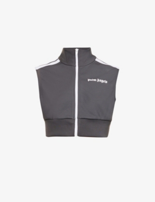 Palm Angels Classic Track Logo-print Cropped Stretch-woven Vest In Dark Grey White