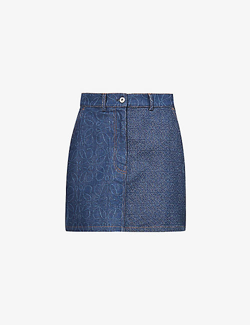 LOEWE: Anagram-pattern stretch-cotton denim mini skirt