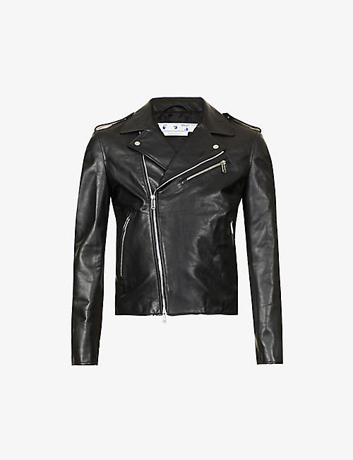 OFF-WHITE C/O VIRGIL ABLOH: Diag brand-print boxy-fit leather biker jacket