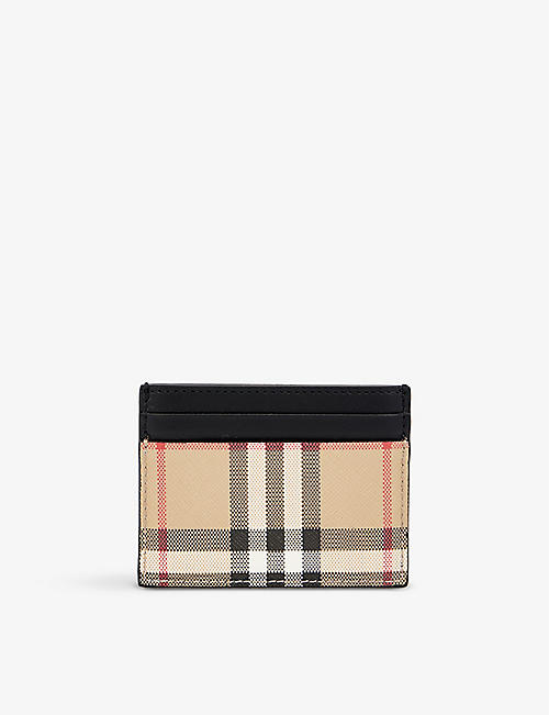 BURBERRY: Sandon check-print cotton and leather card holder
