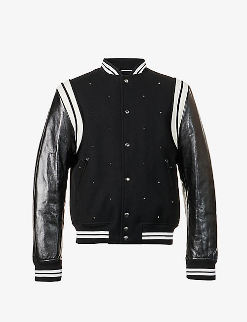 VALENTINO: Rockstud studded wool-blend and leather bomber jacket