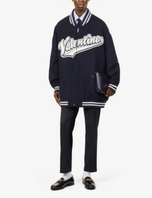 VALENTINO Logo-appliquéd collared oversized wool bomber jacket