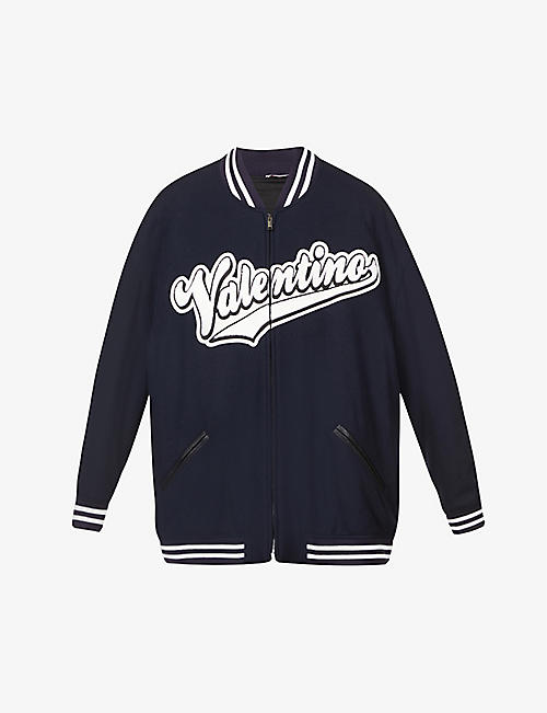 VALENTINO: Logo-appliquéd collared oversized wool bomber jacket