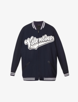 VALENTINO Logo-appliquéd collared oversized wool bomber jacket