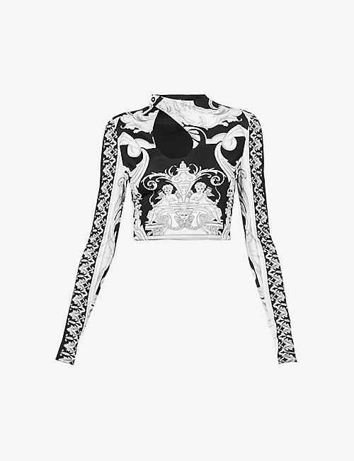 VERSACE: Baroque-print cut-out cropped woven top