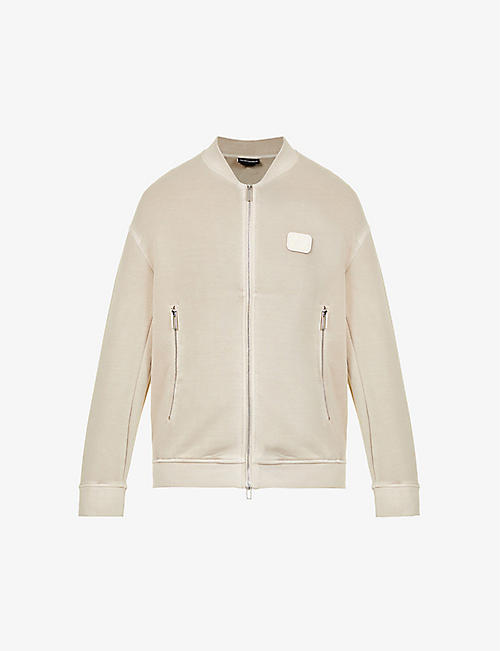 EMPORIO ARMANI: Appliqué logo-badge boxy-fit cotton-blend jacket