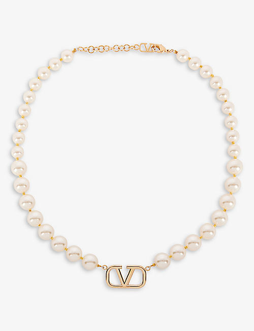 VALENTINO GARAVANI: VLOGO gold-tone brass and faux-pearl necklace