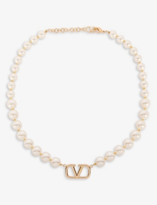 Valentino Garavani Vlogo Gold-tone Brass And Faux-pearl Necklace In Gold Cream