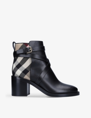 Burberry Pryle Check-print Leather Heeled Ankle Boots In Black/comb