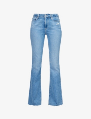 Shop Paige Womens Folk Distressed Laurel Canyon Bootcut High-rise Stretch-denim Jeans In Blue