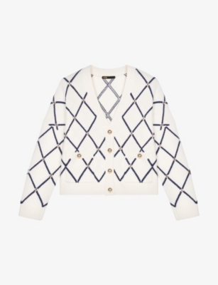 Maje Moove Diamond-pattern Logo-embellished Knitted Cardigan In Blanc