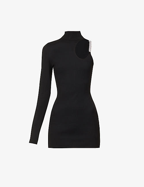 DAVID KOMA: Shoulder-embellished asymmetric stretch-woven mini dress