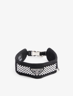 Logo Crystal Embellished Dog Collar in Black - Prada