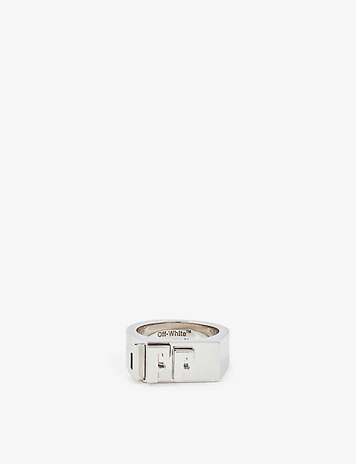 OFF-WHITE C/O VIRGIL ABLOH: Logo-debossed silver-toned brass ring
