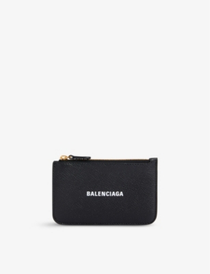 Balenciaga Logo-print Leather Card Holder In Black White