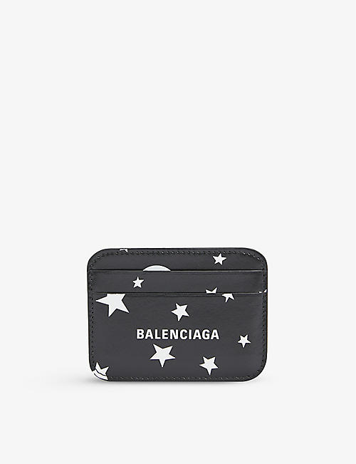 BALENCIAGA: Brand-print star-print leather card holder