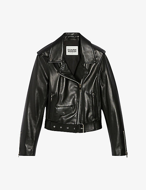 CLAUDIE PIERLOT: Capitan cropped belted leather biker jacket