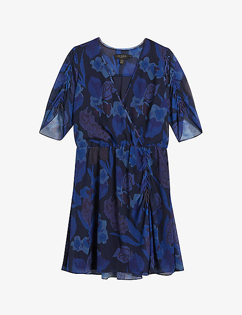 TED BAKER: Floral-print ruched-sleeved woven mini dress