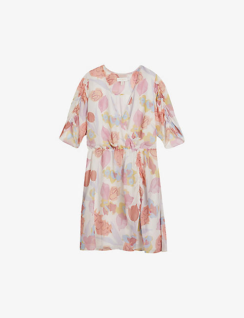 TED BAKER: Floral-print ruched-sleeved woven mini dress