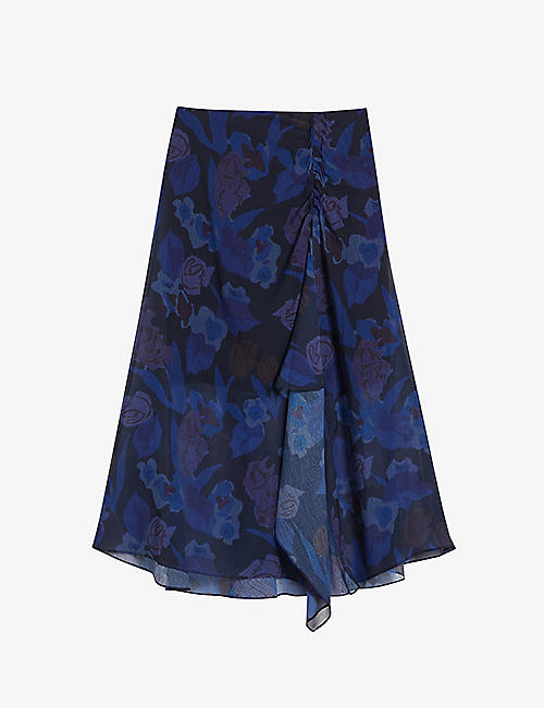 TED BAKER: Lexiy floral-print ruched-detail crepe midi skirt