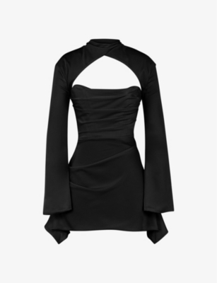 House Of Cb Womens Black Toira Long-sleeved Corseted Satin Mini Dress