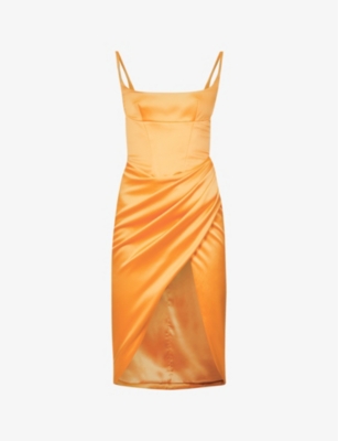 House Of Cb Bianca Satin Pleated Corset Midi Dress In Tangerine ModeSens