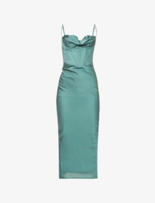 House Of Cb Womens Pine Charmaine Corset Satin Maxi Dress In Green