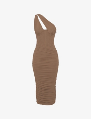 House Of Cb Valentina Asymmetric Cutout One-shoulder Midi Dress In Mocha