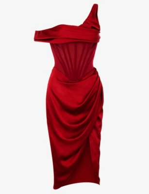 House Of Cb Lulu Corset One-shoulder Satin Midi Dress In Red