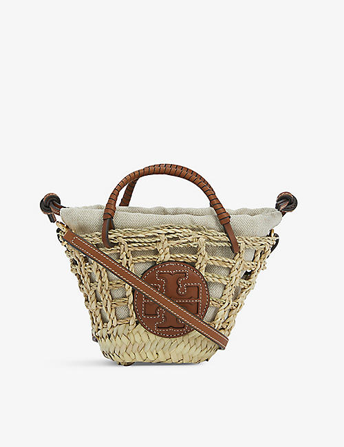 TORY BURCH: Basket-style raffia and leather mini tote bag