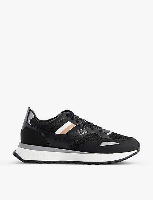 BOSS: Striped-trim faux-leather and mesh low-top trainers