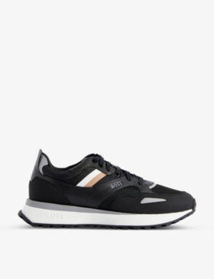 BOSS Striped-trim faux-leather and mesh low-top trainers