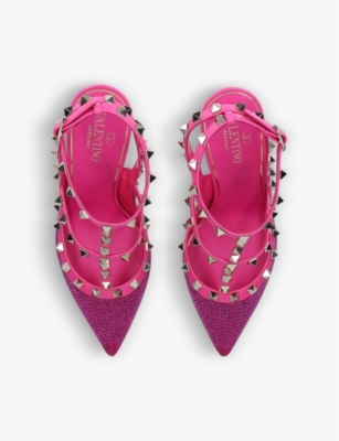 VALENTINO GARAVANI Rockstud studded raffia and leather heeled courts