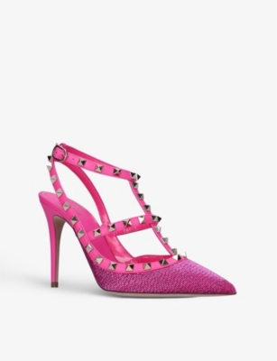 VALENTINO GARAVANI Rockstud studded raffia and leather heeled courts