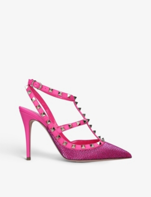 VALENTINO GARAVANI Rockstud studded raffia and leather heeled courts