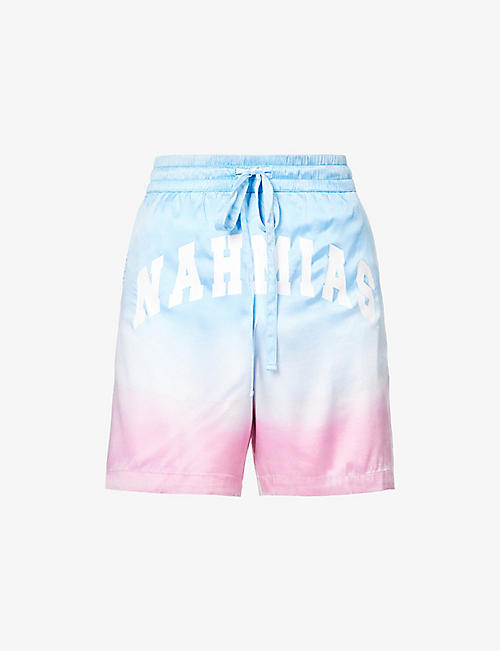 NAHMIAS: Watercolour brand-print silk shorts